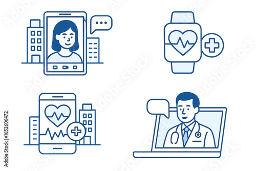 Telemedicine and healthcare technology icon set. Virtual doctor consultation, remote patient monitoring with smartphone and smartwatch. mHealth app for urban healthcare service.
