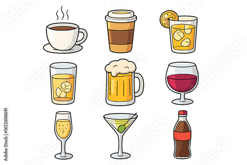 Various Drink Icons Representing Different Types of Beverages Including Coffee, Juice, Beer, Wine, Cocktails, and Soda on a Clean Transparent Background Vector Cartoon Illustration Ordered Set