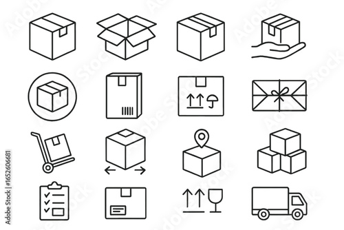 Shipping and delivery service line icon set. Logistics and transportation vector symbols. Package, box, truck, cargo, and freight outline pictograms for web and e-commerce.