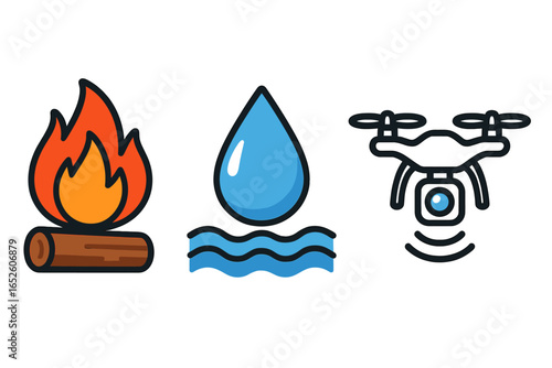 Disaster management icon set. Emergency response symbols for wildfire, flood, and drone surveillance. Vector illustration for crisis management, natural disaster, and safety concepts.