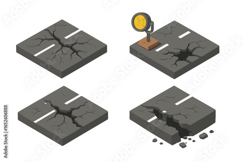 Isometric destroyed airport runway icon set. Vector illustration of cracked asphalt road surface, broken ground, pothole, and debris. Disaster, ruin, and post-apocalyptic concept.