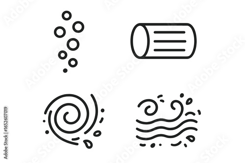 Water Flow Icon Set with Bubble Streams, Laminar Flow Tube, Eddy Swirl, and Water Current Vector Illustrations, Outline Style Transparent Background