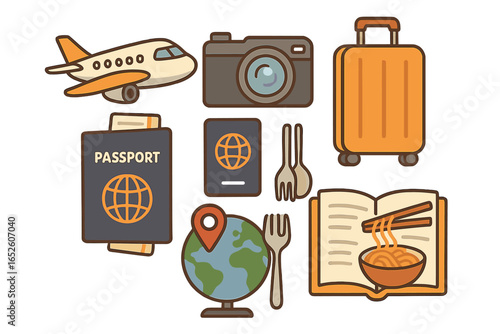 Food travel essentials icon collection. Vector set for culinary tourism and gastronomy adventure. Global discovery with passport, plane, camera, luggage, globe, and Asian food.
