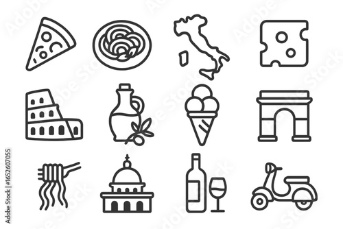 Italy travel icon set. Italian food, culture, and landmark symbols. Minimalist line art vector of pizza, pasta, colosseum, wine, gelato, vespa. Rome vacation illustration.