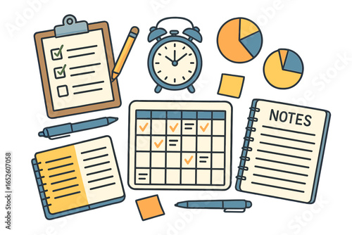Various stationery items and time management tools on clean workspace illustrating productivity, organization, planning, checklist, and efficiency techniques, vector cartoon illustration