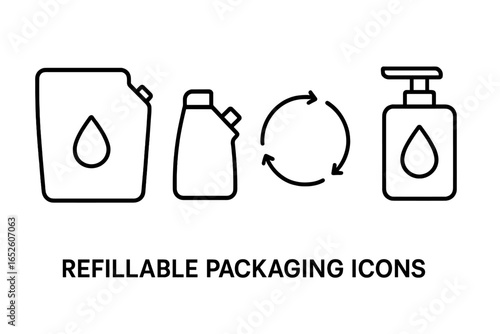 Refillable packaging icon set. Sustainable cosmetics and zero waste lifestyle concept. Outline icons of a refill pouch, dispenser, bottle, jar, and pod. Eco friendly vector symbols.