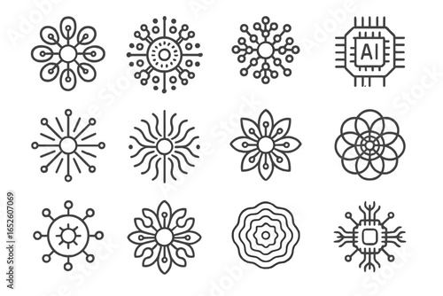 Symmetrical ai harmonic sensors mandalas icon ring data pattern grid precision tech