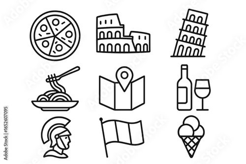 Italy travel icon set. Italian food, culture, and landmark symbols. Rome Colosseum, Pisa Tower, pizza, pasta, wine, gelato. Vector line art for tourism and vacation concepts.