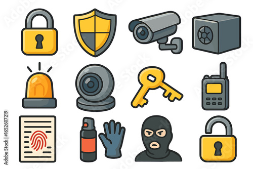 Security and crime icon set. Vector cartoon illustration of safety elements like lock, cctv camera, shield, safe, and alarm. Includes thief, fingerprint, and key symbols.