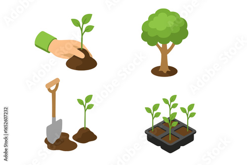 Reforestation isometric icon set. Afforestation and tree planting concept. Hand planting a sapling, nursery seedling tray, shovel and grown tree. Ecology and nature care.
