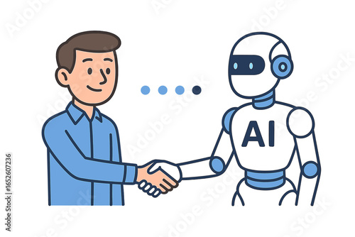 Artificial intelligence and human interaction. Man shaking hands with a robot. AI concept of future technology, partnership, agreement, cooperation, and machine learning.