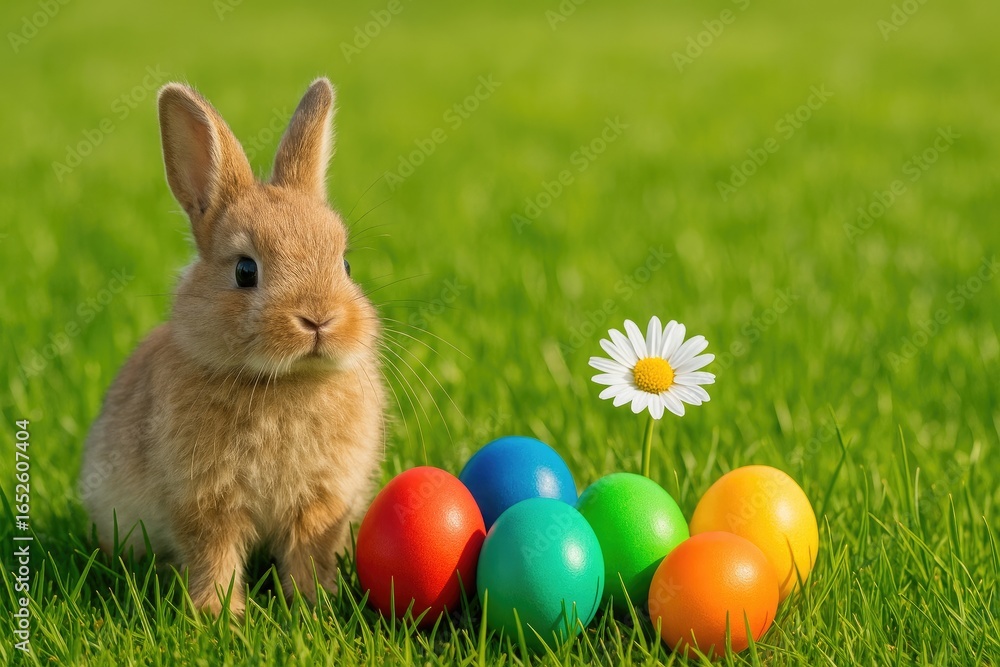 Fototapeta premium Charming rabbit amidst lush grass and colorful eggs, space available for message