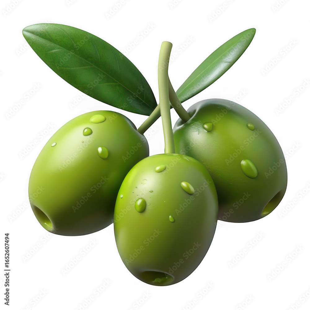 Obraz premium 3d ripe green olives with water droplets isolated on transparent background
