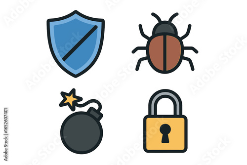 Vector cartoon illustration of cybersecurity threats with shield, bug, bomb, and lock icons symbolizing protection and danger on transparent background