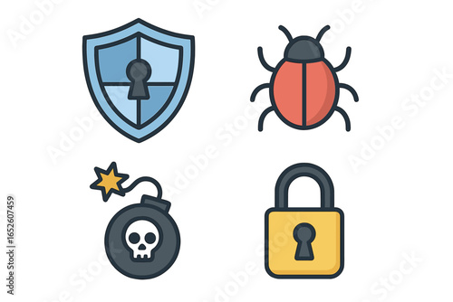 Cybersecurity Threats Icons Set, Shield Bug Bomb Lock Vector Cartoon Illustration on Transparent Background, Digital Security, Malware Protection Symbols