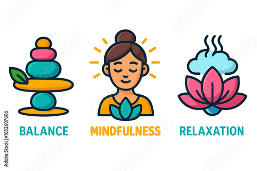 Wellness icons representing balance, mindfulness, relaxation with vibrant colors, cartoon style, transparent background, calm, meditation, harmony, mental health, spa, yoga