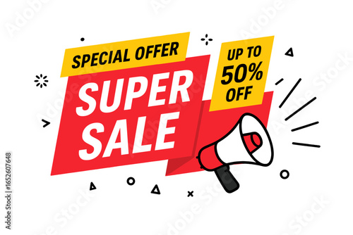 Special offer super sale banner with loudspeaker. Big discount promotion tag for marketing. Advertising label design up to 50 percent off. Business vector concept illustration.