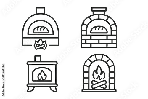 Rustic oven icon set. Outline vector collection of wood-fired pizza oven, brick oven, cast iron stove, and stone fireplace hearth for baking bread and traditional cooking.