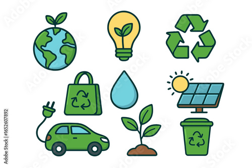Ecology icon set for environmental sustainability. Green energy and conservation concept. Vector collection of eco friendly symbols like recycling, solar power, electric car.