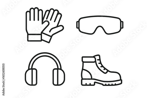 Safety gear icon set. Personal Protective Equipment (PPE) line icons. Work safety vector illustration. Includes protective gloves, safety glasses, earmuffs and steel toe boots.