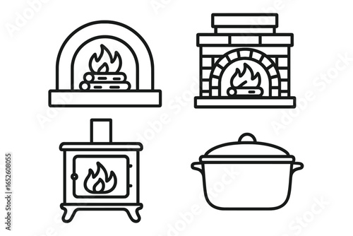 Rustic oven and fireplace icon set. Vector line art collection of traditional cooking and heating elements. Wood-fired pizza oven, brick hearth, cast-iron stove, dutch oven.