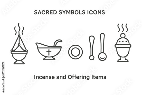 Catholic mass and church service line icons. Vector icon set of sacred incense offering items: thurible, censer, boat with cross, charcoal. Religious ritual symbols.