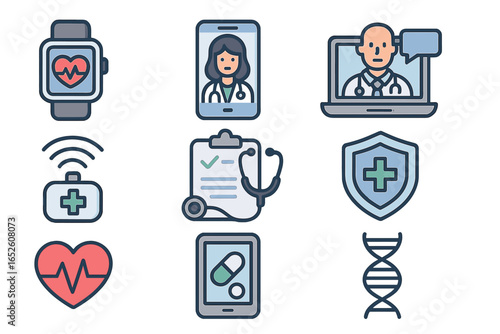 Health technology icon set. Telemedicine, digital healthcare concept. Online doctor consultation, virtual patient care, e-health, medical prescription and insurance vector icons.