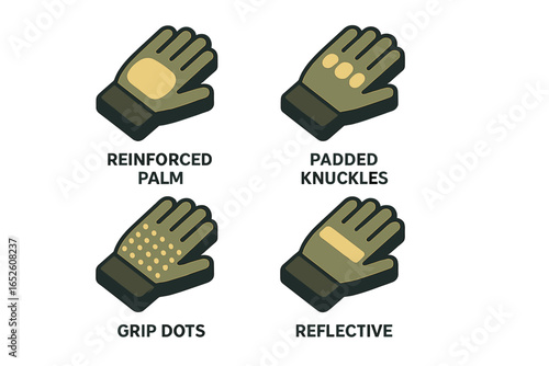 Isometric safety glove icon set with features. Vector illustration of work gloves showing reinforced palm, padded knuckles, grip dots, and reflective material for protection.