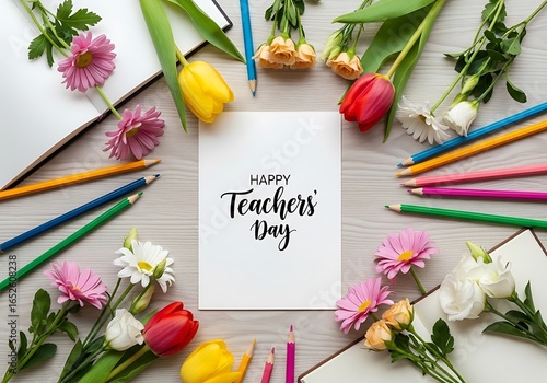 Happy teachers day card with flowers and pencils on wooden table, flat lay style