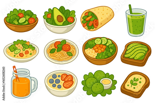 Healthy food icon set. Vegetarian dishes. Vegan meal collection. Avocado toast. Salad bowl. Smoothie. Plant based diet. Nutrition concept. Organic food. Vector illustration.