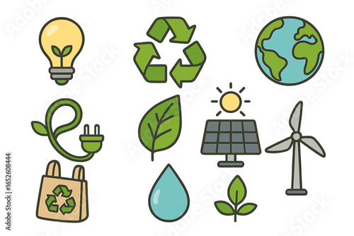 Ecology icon set. Environmental sustainability and green energy concepts. Collection of vector symbols like recycling, solar panel, wind turbine, Earth, and water conservation.