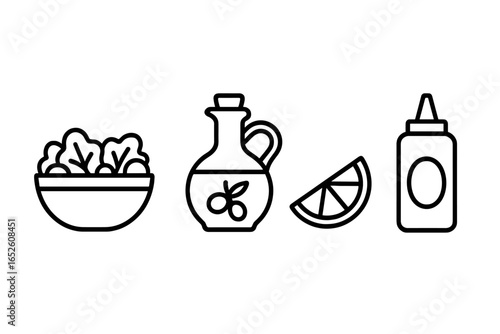 Salad dressing icon set. Outline vector icons of salad bowl, olive oil, lemon wedge, and mustard bottle. Food condiments and ingredients for healthy eating concept.