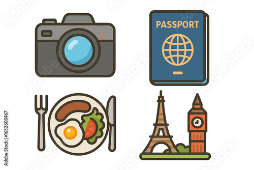 Travel icon set with camera, passport, food, and landmarks. Vector flat cartoon illustration of European tourism essentials like Eiffel Tower and Big Ben for a vacation trip.