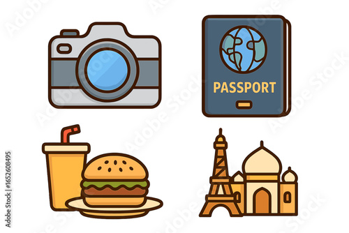 Travel icon collection for world tourism and vacation. Vector illustration set with passport, photo camera, fast food, and famous landmarks. Adventure and journey concept design.