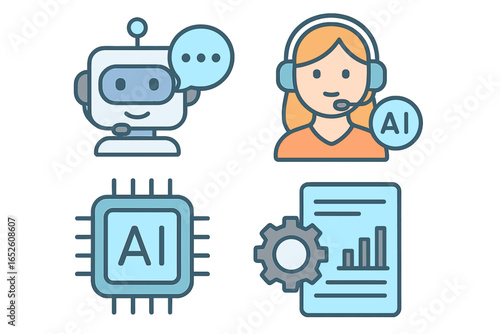 AI icon set for business solutions. Artificial intelligence in customer support, chatbot and data processing. Machine learning, automation and analytics vector icons collection.