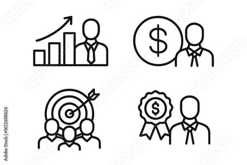 Sales team performance outline icon set. Business success concepts. Vector linear icons of growth chart, financial goal, teamwork target, and sales commission award badge.