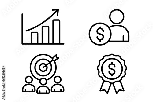 Sales team outline icon set for business success. Vector icons of financial growth graph, sales target, team goal, dollar sign, and commission award badge for marketing.