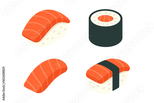Salmon sushi icon set in isometric flat design. Vector collection of Japanese food, including sashimi, nigiri, and maki roll. Seafood, fish, restaurant menu element.