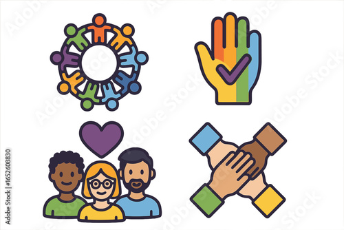 Inclusivity, diversity, and teamwork icon set. Vector icons for community, equality, and collaboration. Human rights, racial equity, and LGBTQ pride concepts. Flat cartoon style.