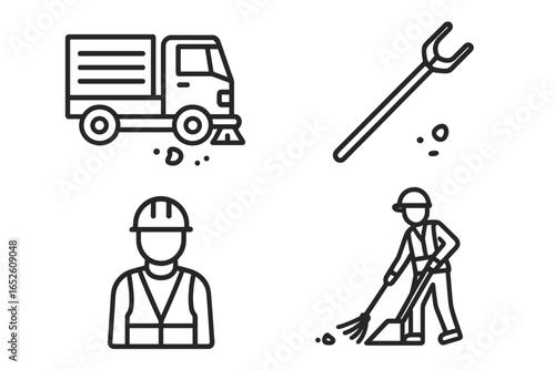 Sanitation icon set. Street sweeper truck, garbage picker, and janitor worker with broom. Public cleaning service and maintenance symbols. Outline vector illustration.