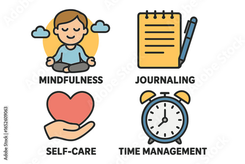 Self care icon set for mental health and well-being. Mindfulness meditation, journaling, time management. Personal growth, psychology, and healthy lifestyle habits vector icons.