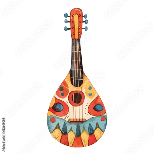 Ornate Mandolin with Colorful Folk Art Design and Blue Tuning Pegs