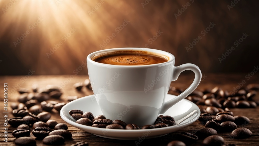 Fototapeta premium A steaming drink in a white cup with a warm-colored background