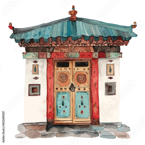 Ornate TibetanStyle Temple Gate with Teal Roof and Stone Steps