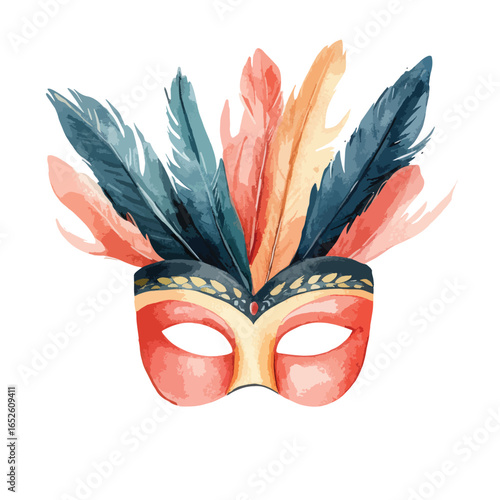 Ornate Watercolor Carnival Mask with Colorful Feathers