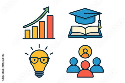 Set of business icons. Infographic elements. Growth chart, education symbol, smart idea lightbulb, teamwork sign. Vector illustration for presentation, web, startup success.