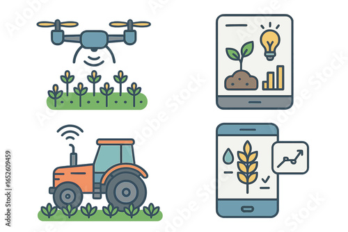 Smart farming agricultural technology icon set. Modern agritech innovation with drone, autonomous tractor, mobile app for data analytics, crop monitoring, and resource control vector.