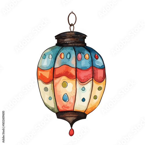Ornate watercolor lantern with colorful panels and a teardrop pendant
