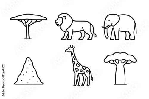Savanna icon set. African animals and plants linear icons. Includes lion, elephant, giraffe, acacia tree, baobab tree, termite mound. Outline wildlife vector symbols.
