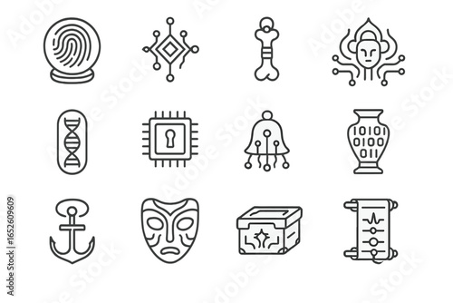 Legacy ritual relic vector urn augmented soul tech memory icons sigil capsule